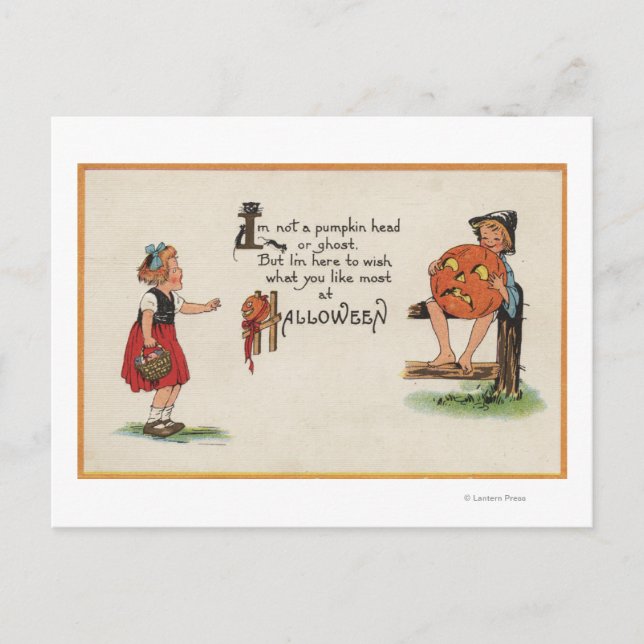 Cartão Postal Halloween Saudação Kid na Cerca (Frente)