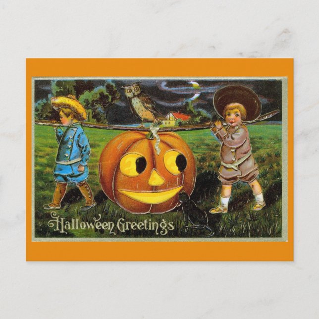 Cartão Postal Halloween Saudações Bonitas Crianças Vintage Pumpk (Frente)