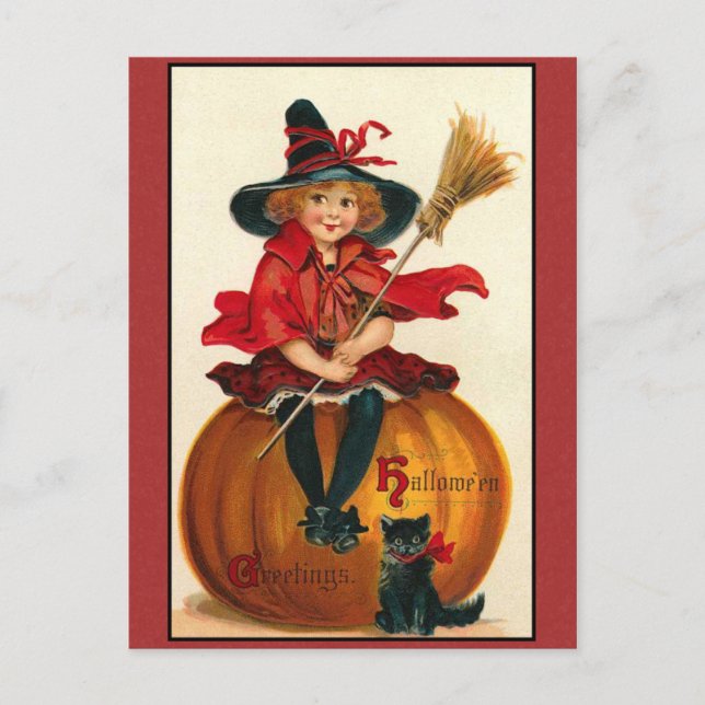 Cartão Postal Halloween Saudações Vintage Girl e Cat (Frente)