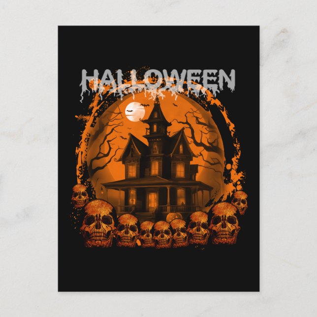 CARTÃO POSTAL HALLOWEEN SCARY HAUNTED HOUTS SKULES (Frente)