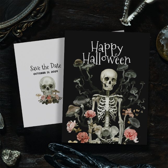 Cartão Postal Halloween Skeleton Haunted Forest Salve a data (Criador carregado)