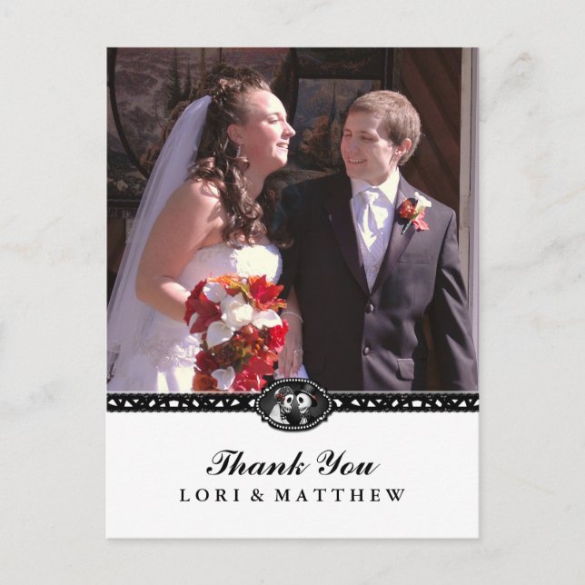 Cartão Postal Halloween Skeletons Black White Foto: Obrigado (Frente)