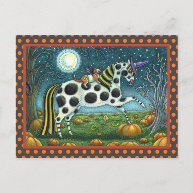 Cartão Postal HALLOWEEN SPONTTED PONY & BAT CAT Whimsical Horse (Frente)