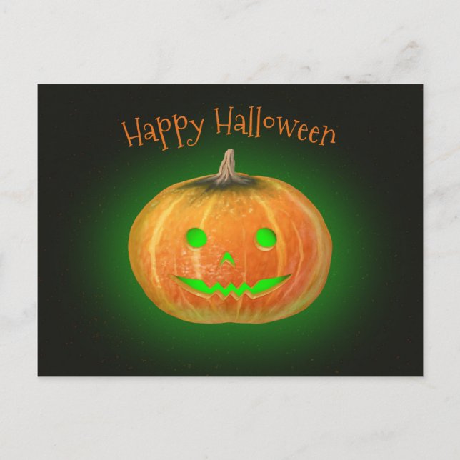 Cartão Postal Halloween Spooktacular Pumpkin Sorri Luz Verde (Frente)