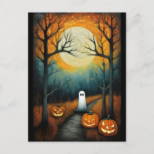 Cartão Postal Halloween Spooky Ghost & Full Moon Pumpkin