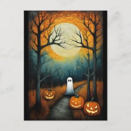 Cartão Postal Halloween Spooky Ghost & Full Moon Pumpkin