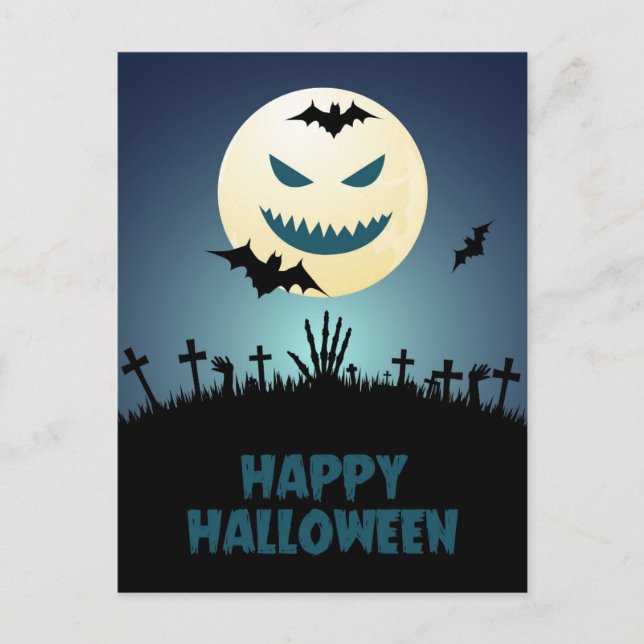 Cartão Postal Halloween Spooky Graveyard Moon Bats (Frente)