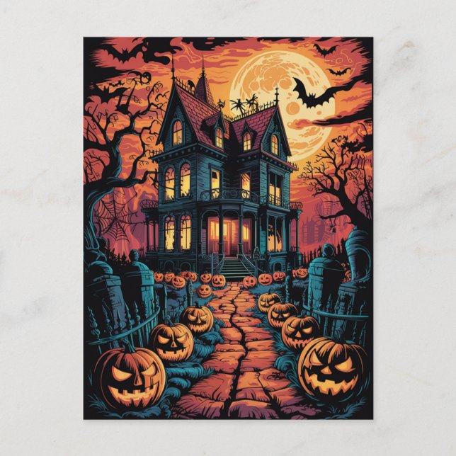 Cartão Postal Halloween Spooky Haunted House Pumpkins          (Frente)