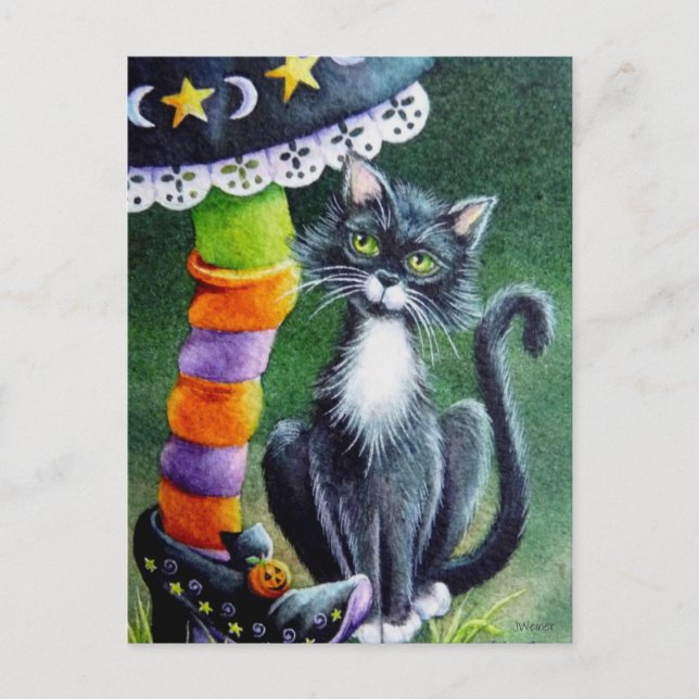 Cartão Postal Halloween Tuxedo Cat & Witcolor Art (Frente)