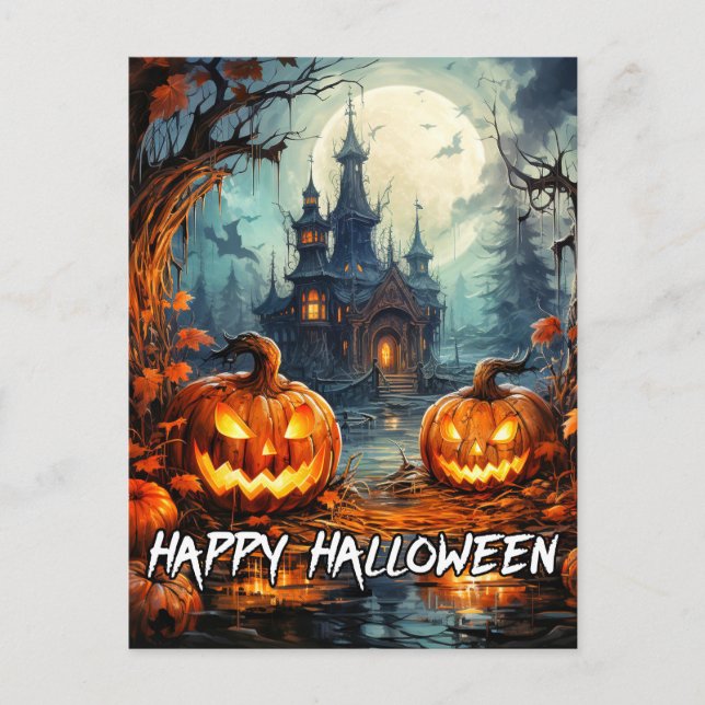 Cartão Postal Halloween, uma Casa Assombrada e Terrível (Frente)