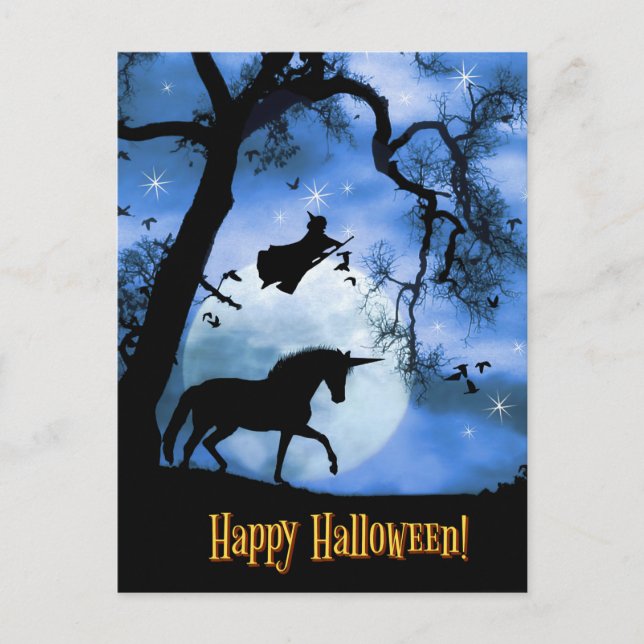 Cartão Postal Halloween Unicorn and Witch (Frente)