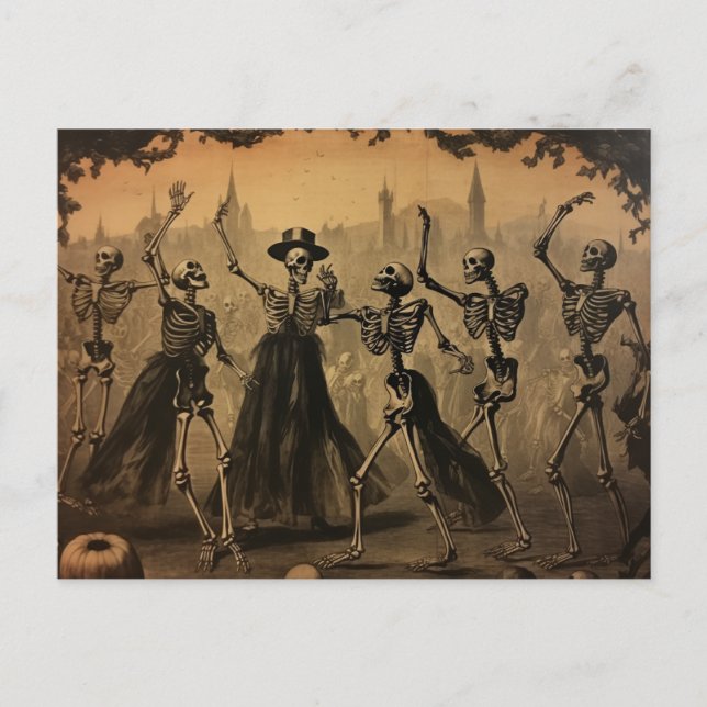 Cartão Postal Halloween Vintage Dancing Skeletons (Frente)