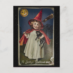 Cartão Postal Halloween Vintage, garotinha com gato preto
