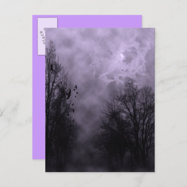 Cartão Postal Halloween Violet Mist Sky assombrado com Ravens (Frente/Verso)