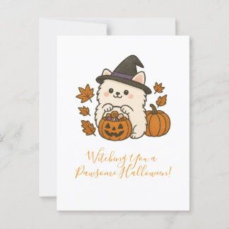 Cartão Postal Halloween Wenskaart – Pomeranian met Heksenhoed
