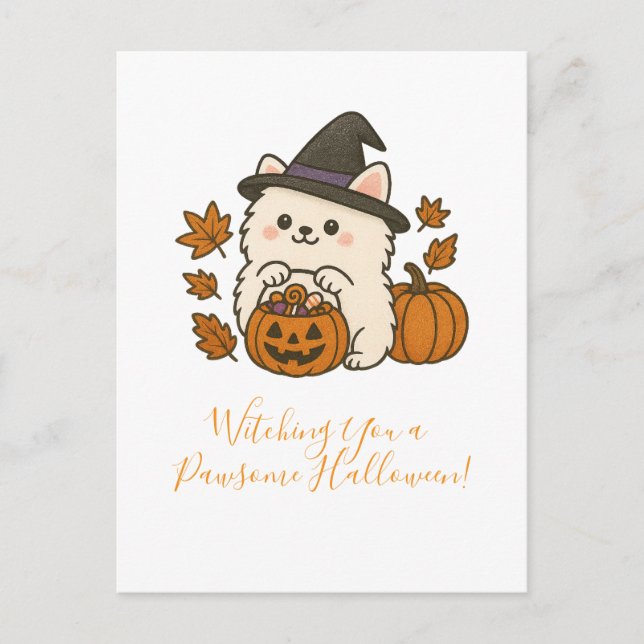Cartão Postal Halloween Wenskaart – Pomeranian met Heksenhoed (Frente)