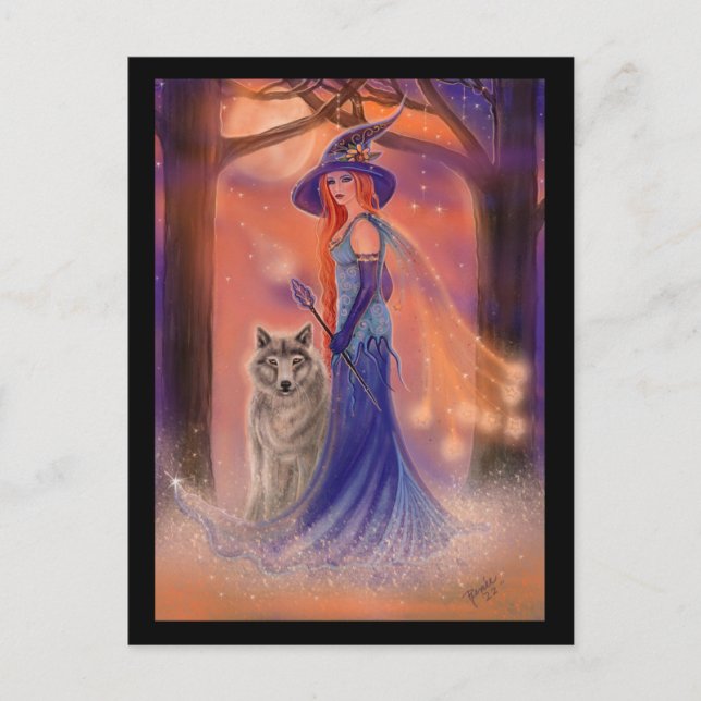 Cartão Postal Halloween witch and wolf card by Renee Lavoie (Frente)