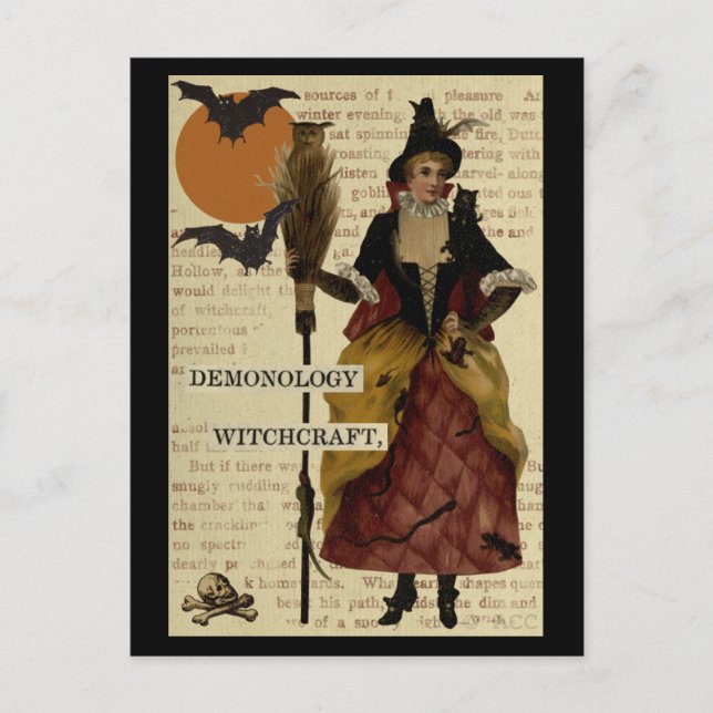 Cartão Postal Halloween Witch Bats Moon Owl Skull (Frente)
