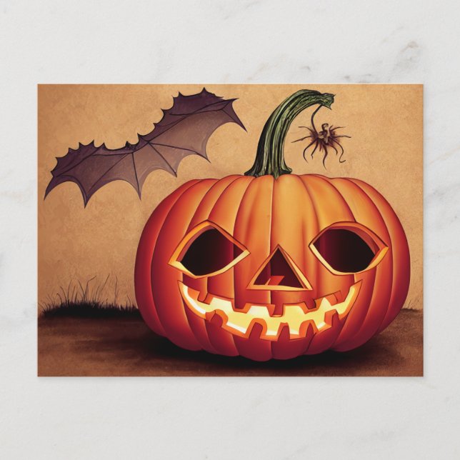 Cartão Postal Halloweenkürbis mit Fledermaus und Spinne. (Frente)