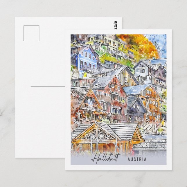 Cartão Postal Hallstatt Austria Viagem Place Watercolor (Frente/Verso)