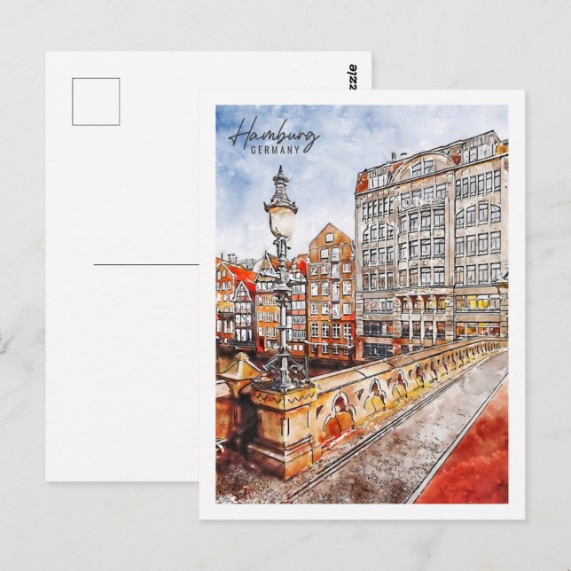 Cartão Postal Hamburg Germany Viagem Place Watercolor (Frente/Verso)