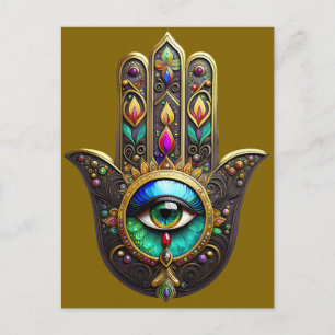Cartão Postal Hamsa Dourado Marrom Colorido Olho Terceiro Arco-í