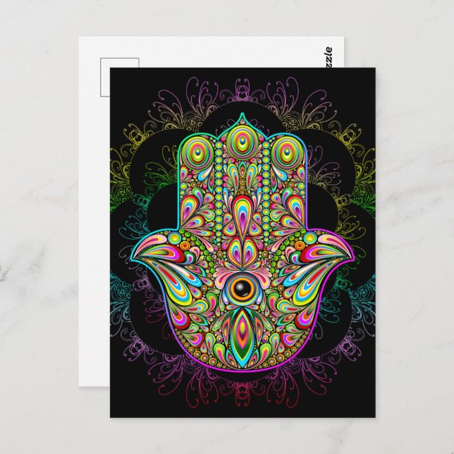Cartão Postal Hamsa Fatma Mão Arte Psicodélica (Frente/Verso)