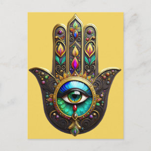 Cartão Postal Hamsa Marrom Colorido Ouro Arco-íris Terceiro Olho