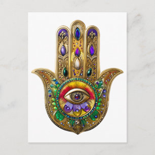 Cartão Postal Hamsa Pintado a Ouro Olho Terceiro Rubi Ametista