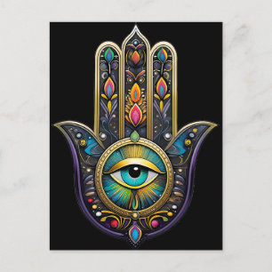Cartão Postal Hamsa Preto Colorido com Terceiro Olho Turquesa