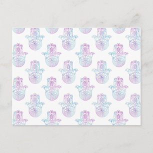 Cartão Postal Hamsa Púrpura e Azul na Mão