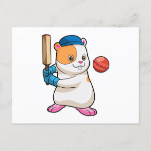 Cartão Postal Hamster no críquete com taco e boné de críquete