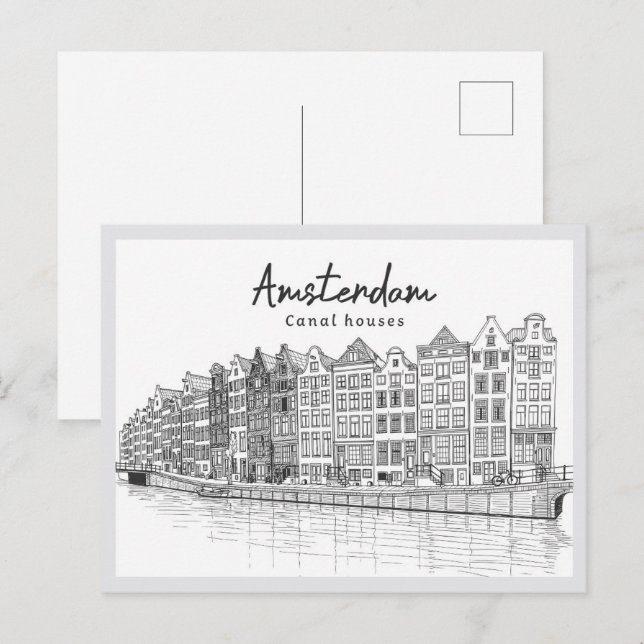 Cartão Postal Hand drawn Canal Houses Amsterdam Netherlands (Frente/Verso)