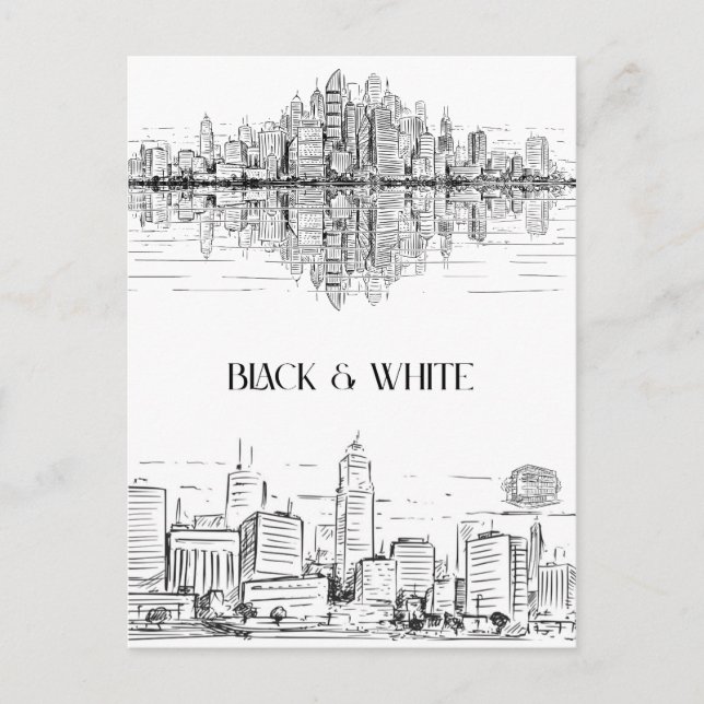 Cartão Postal Hand Drawn City Line Art Skyline | Monochrome (Frente)