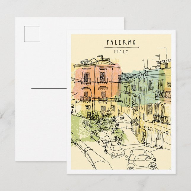 Cartão Postal Hand drawn Palermo Italy Scene Landmark (Frente/Verso)
