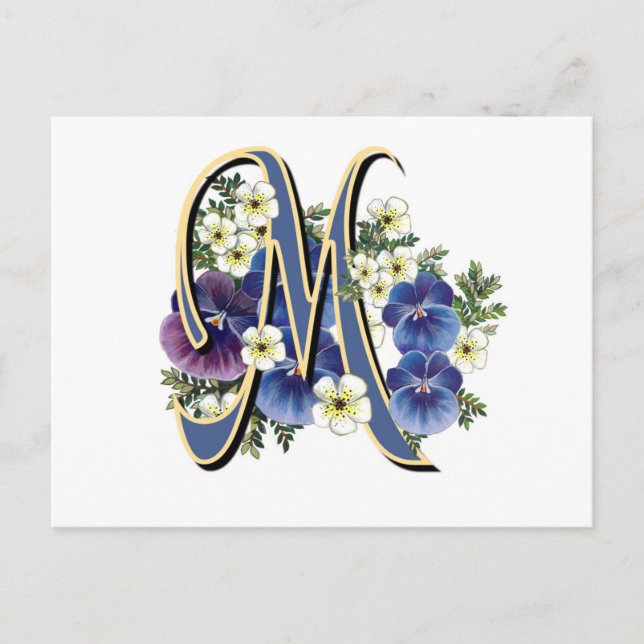 Cartão Postal Handpainted Pansy Initial Monogram -  M (Frente)