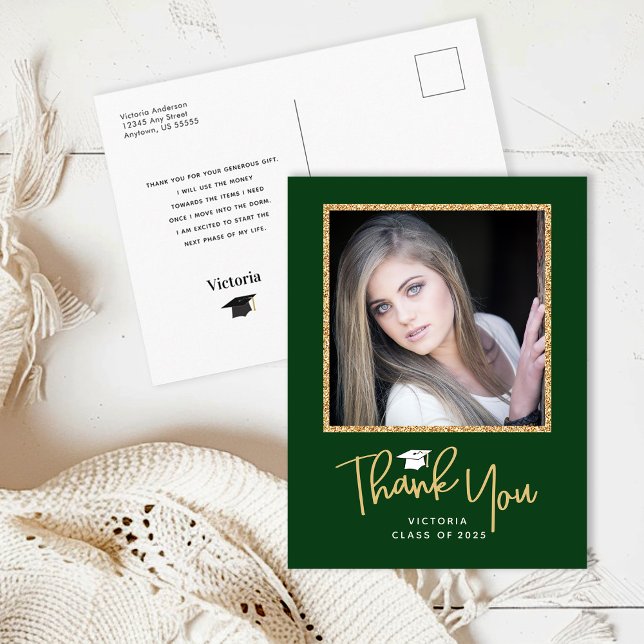 Cartão Postal Handwriting Gold & Dark Green Graduation Thank You (Criador carregado)