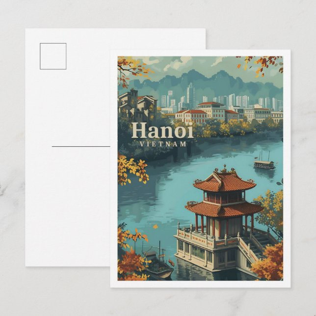 Cartão Postal Hanoi Vietnam Vintage Art Viagem Illustration (Frente/Verso)