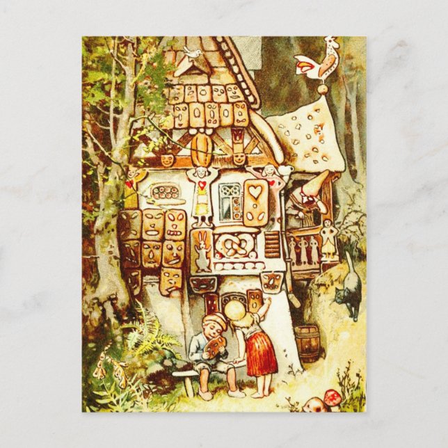Cartão Postal Hansel e Gretel na cochonete Gingerbird (Frente)