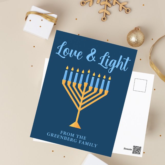 Cartão Postal Hanukkah Love & Light Blue Menorah (Criador carregado)