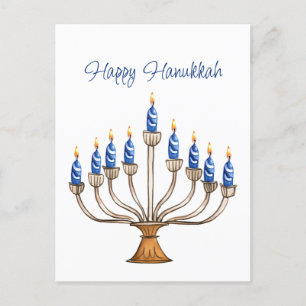 Cartão Postal Hanukkah Menorah com Velas Azuis e Brancas Queiman