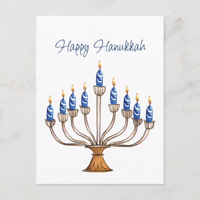 Cartão Postal Hanukkah Menorah com Velas Azuis e Brancas Queiman (Frente)