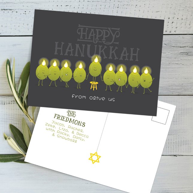 Cartão Postal Hanukkah Menorah Olives, Grupo de Cinzas Escuras (Criador carregado)