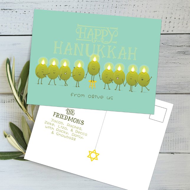 Cartão Postal Hanukkah Menorah Olives, Teal Green Group (Criador carregado)