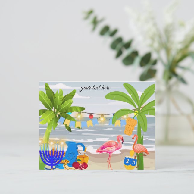 Cartão postal Hanukkah- tema da praia, flamingo, d (Em pé/Frente)