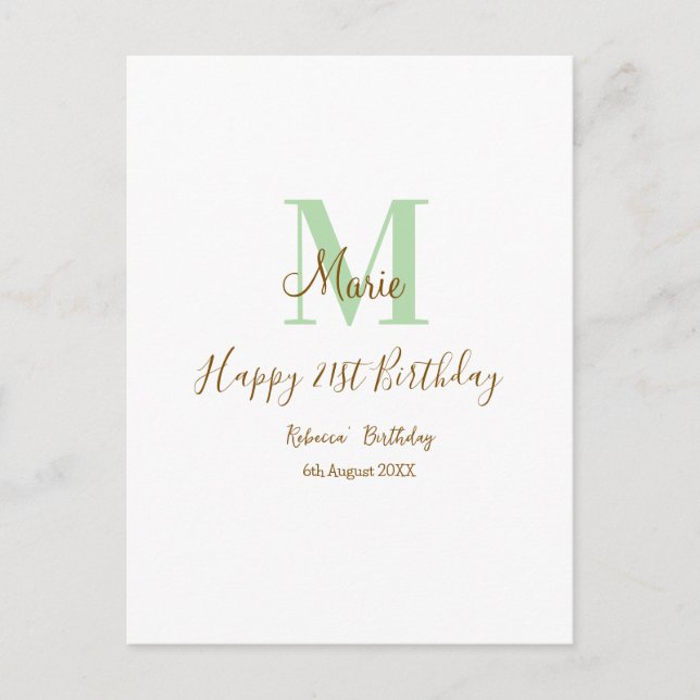 Cartão Postal Happy 21st Birthday green add name monogram brown  (Frente)
