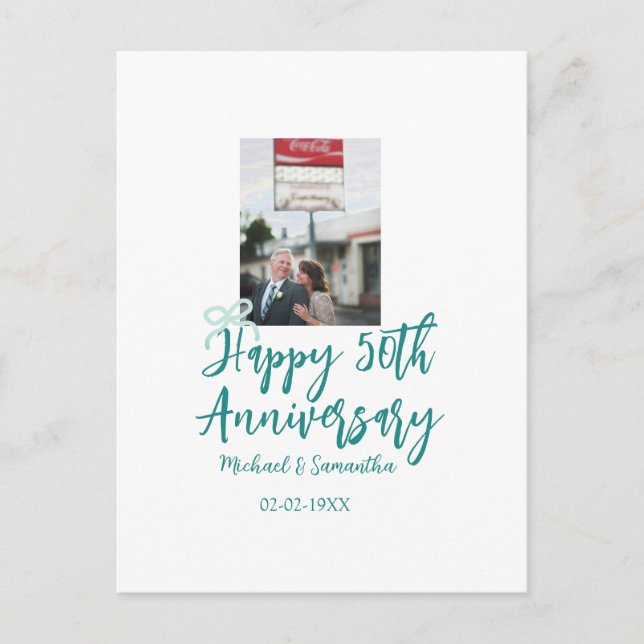 Cartão Postal Happy 50th anniversary photo turquoise bow name da (Frente)