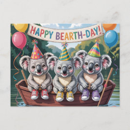 Cartão Postal "Happy Bearth-Day" Koala Boat Party Illustration
