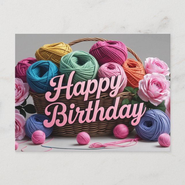 Cartão Postal Happy Birthday Basket with Yarn Balls and Roses  (Frente)
