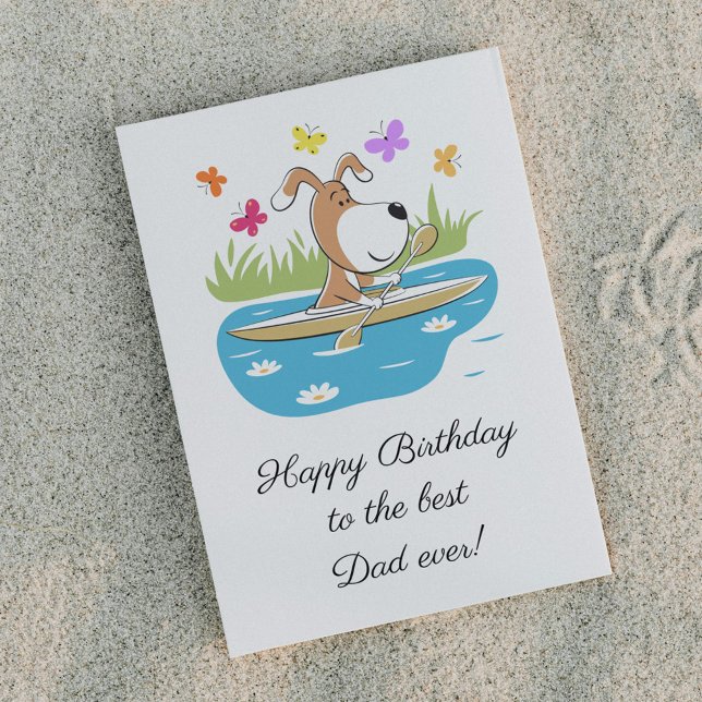 Cartão Postal Happy Birthday Dad Dog Puppy Kayak Postcard (Criador carregado)